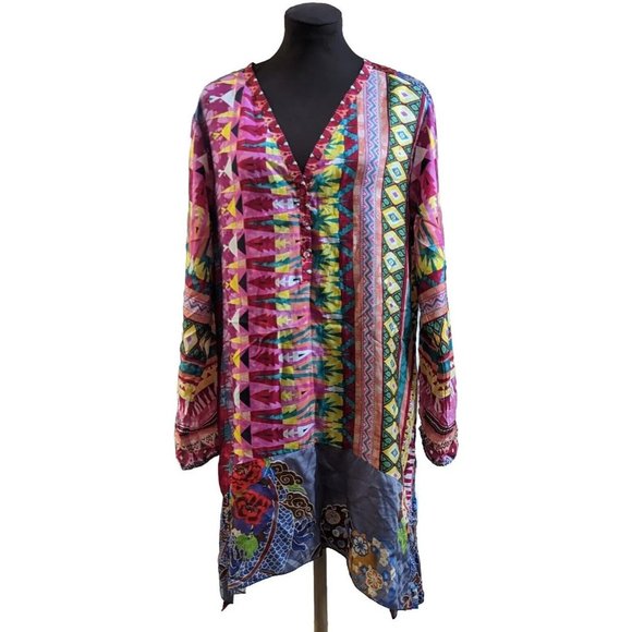 Johnny Was Kamelia Mixed Print V-Neck Button Front 100% Silk Blouse M - Picture 1 of 12